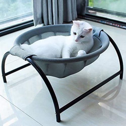 cat lying in a raised mesh cot that is cooler